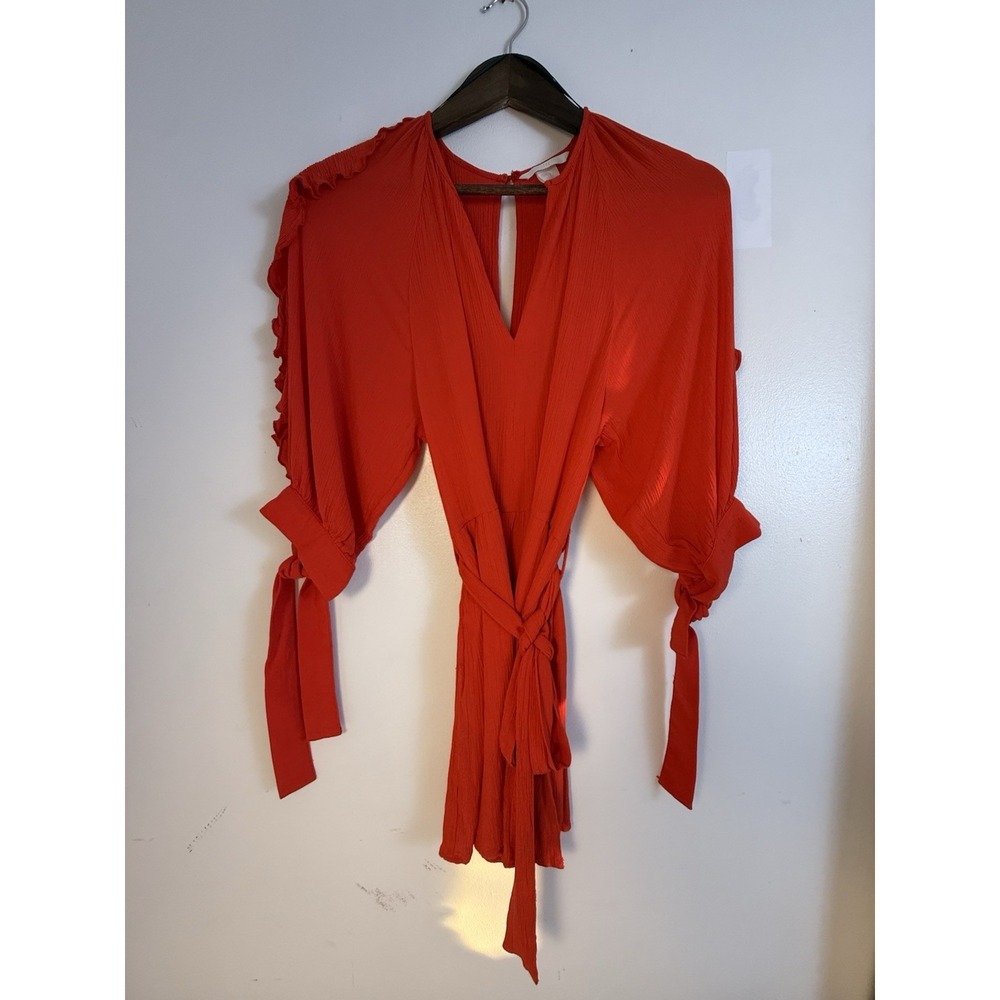 H&M‎ Red Pleated Romper Playsuit Tie Waist Balloon Sleeve Boho Size 6